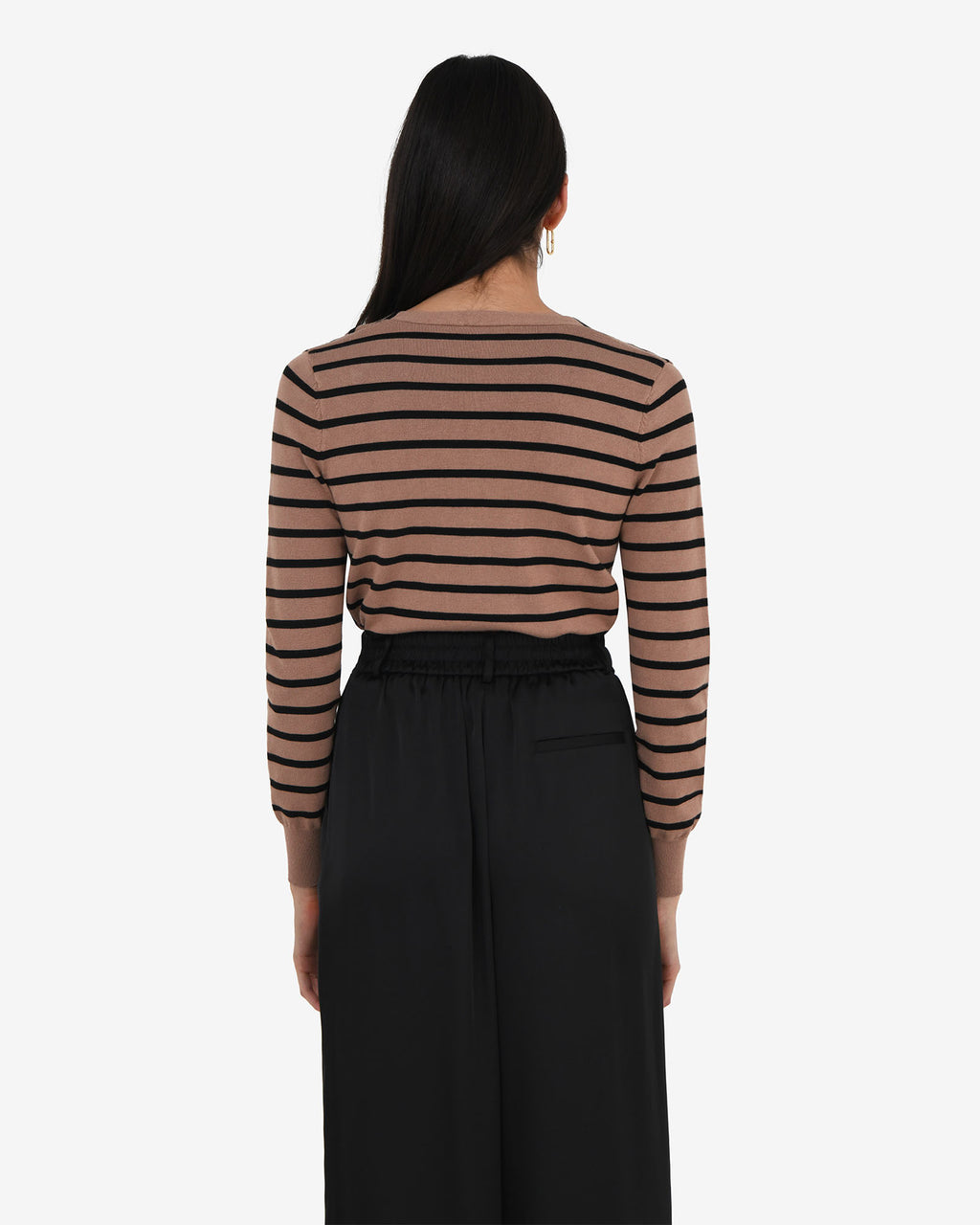 Arabell V-neck Stripe Cardigan in beige black — back view