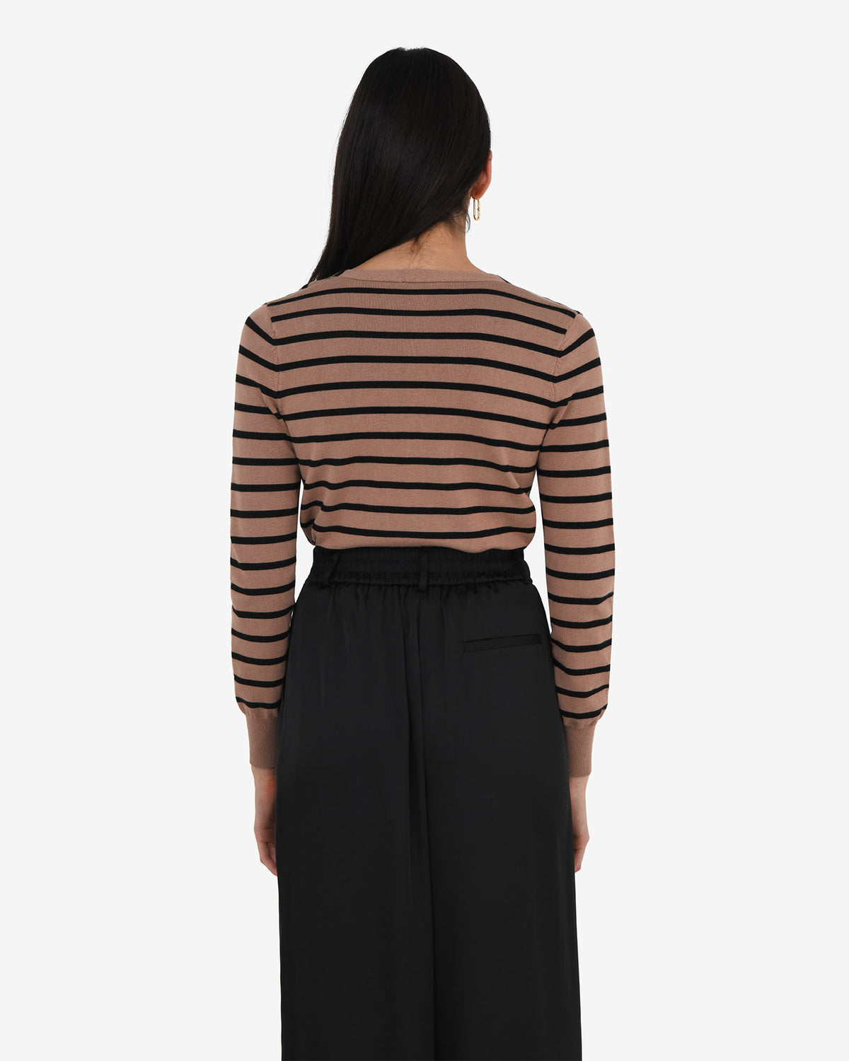 Arabell V-neck Stripe Cardigan in beige black — back view