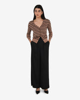 Arabell V-neck Stripe Cardigan in beige black — full-length view