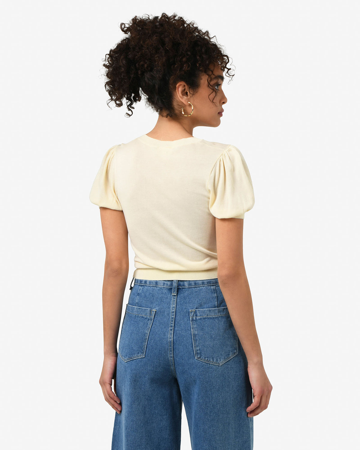 Cindy Puff Sleeve Cardigan in butter — back view