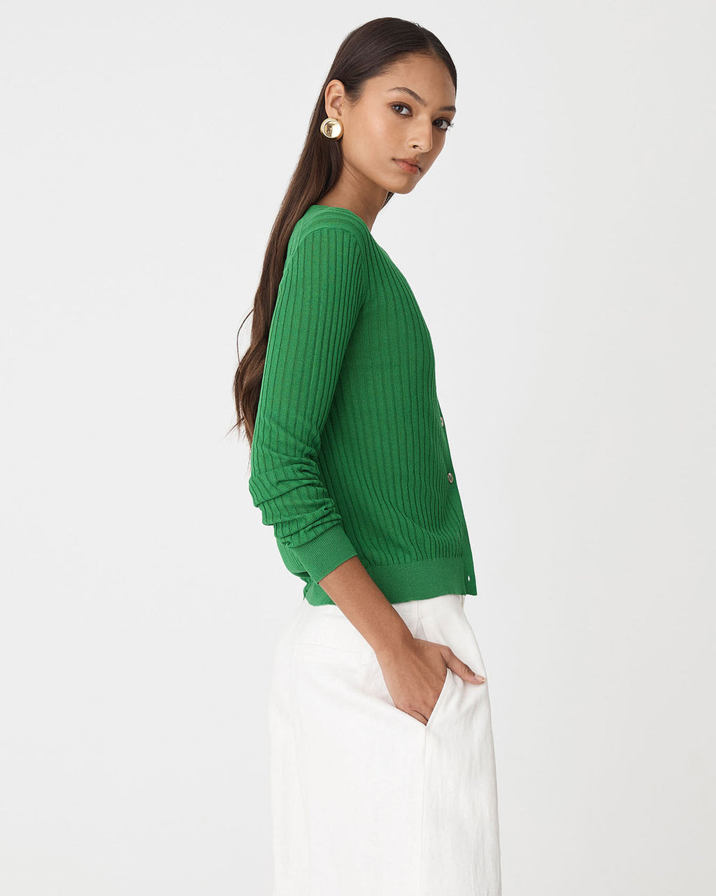 Adison V-Neck Cardigan in emerald — side view