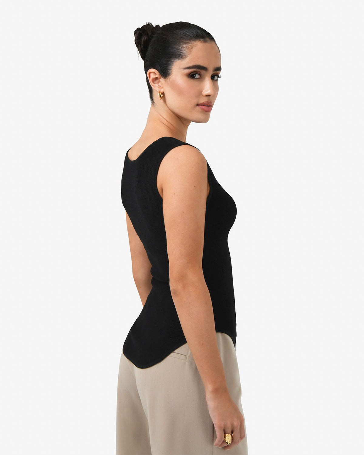 Noemi Split Neck Tank in black — back view