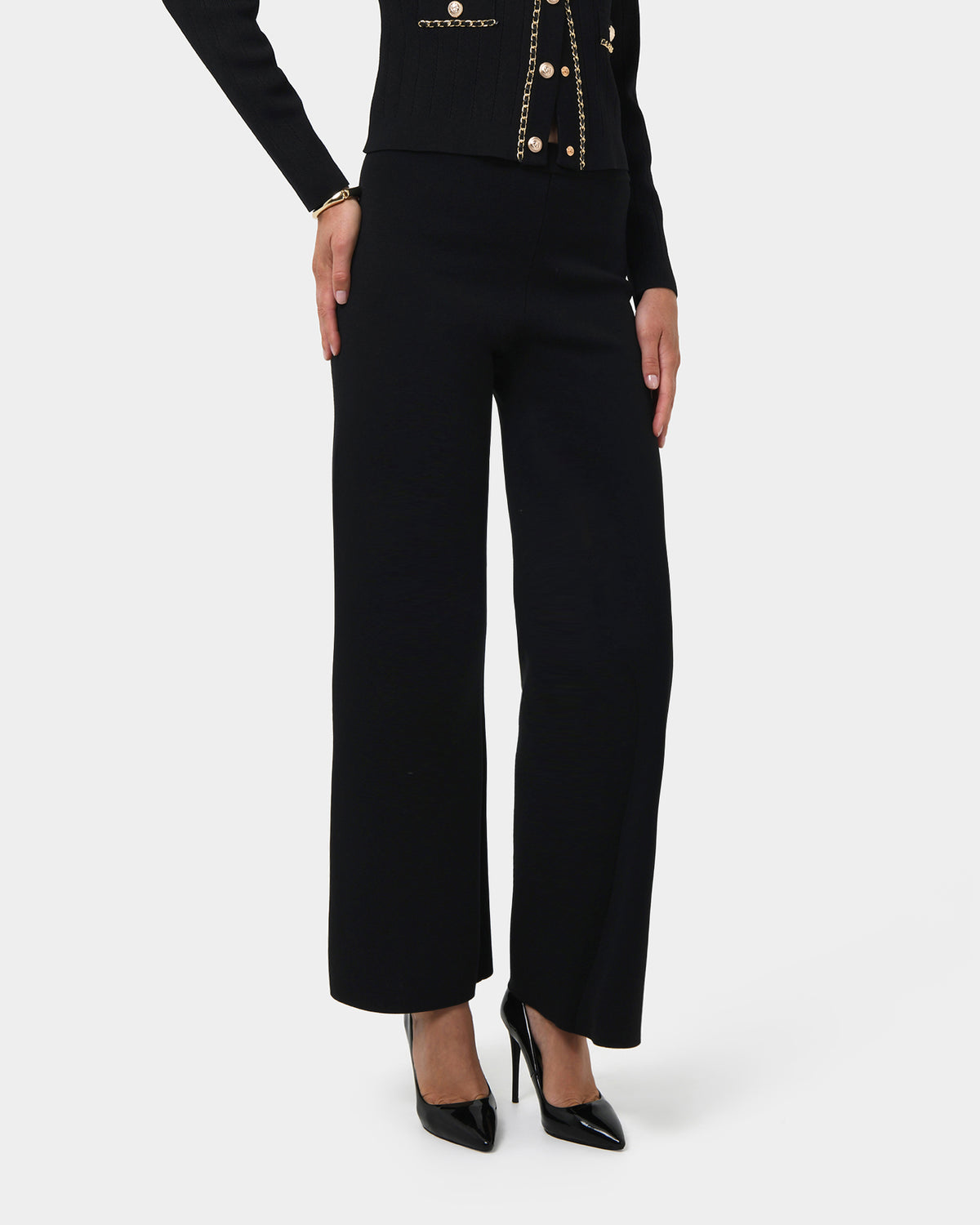 Brianna Wide Leg Knit Pants in black — close-up view