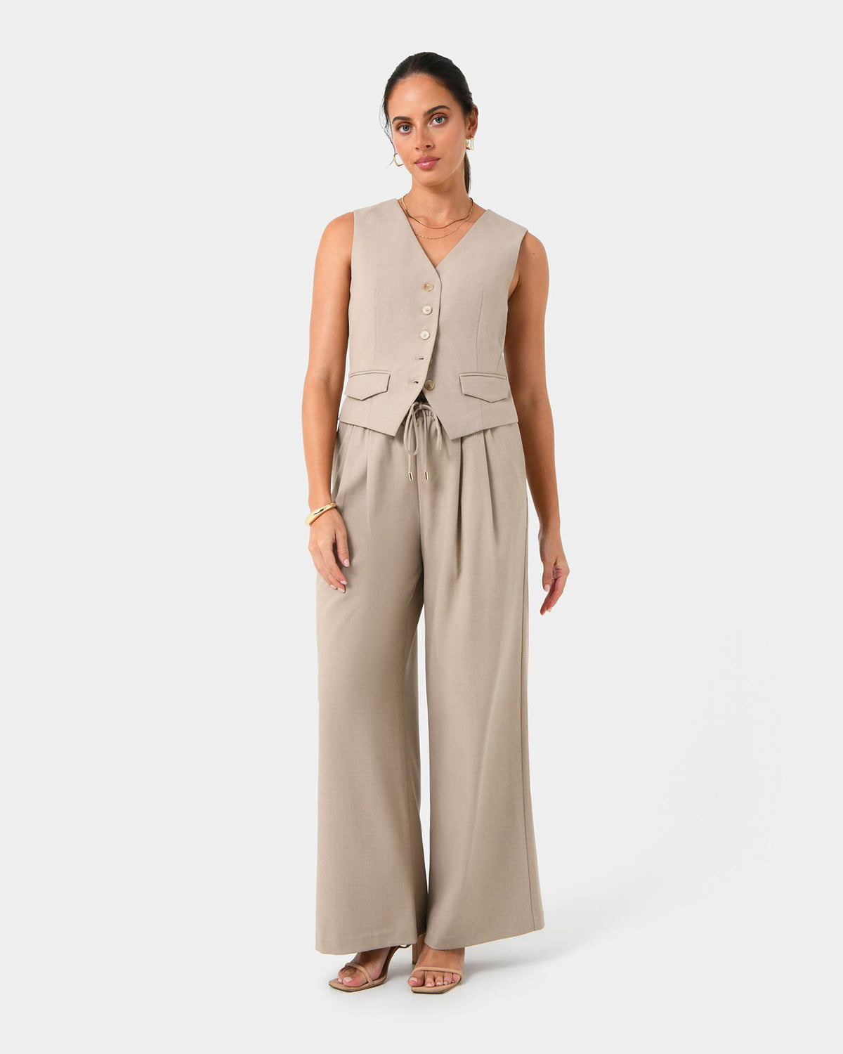 Abel Elastic Waist Relax Pants in sand — full-length view
