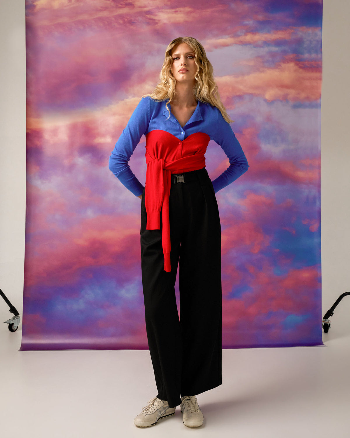 Nadia Buckle Wide Leg Pants in black — full-length view 2