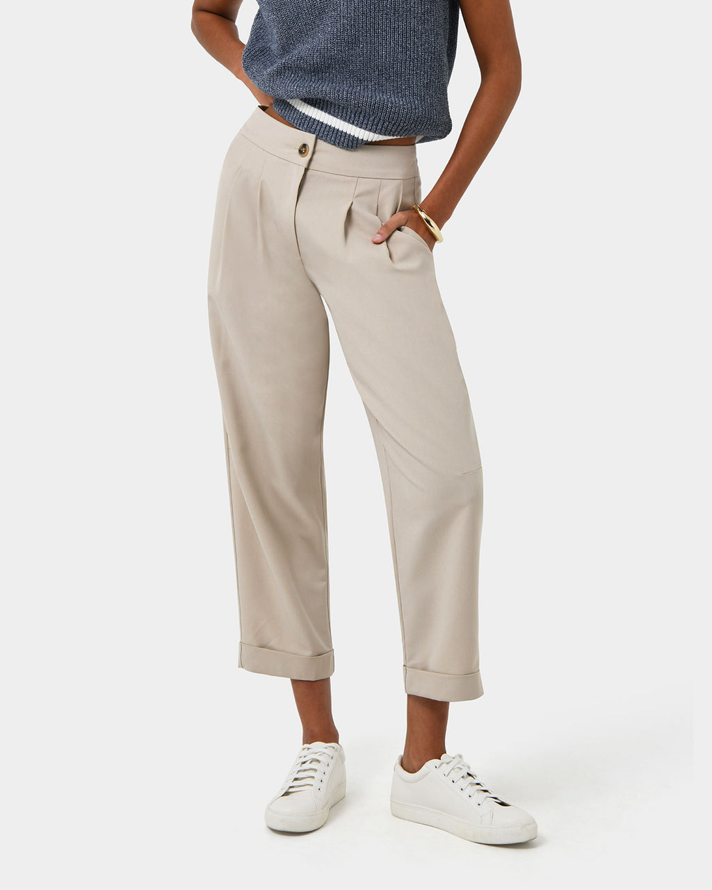 Antonia Relaxed Cuff Pants in beige — close-up view