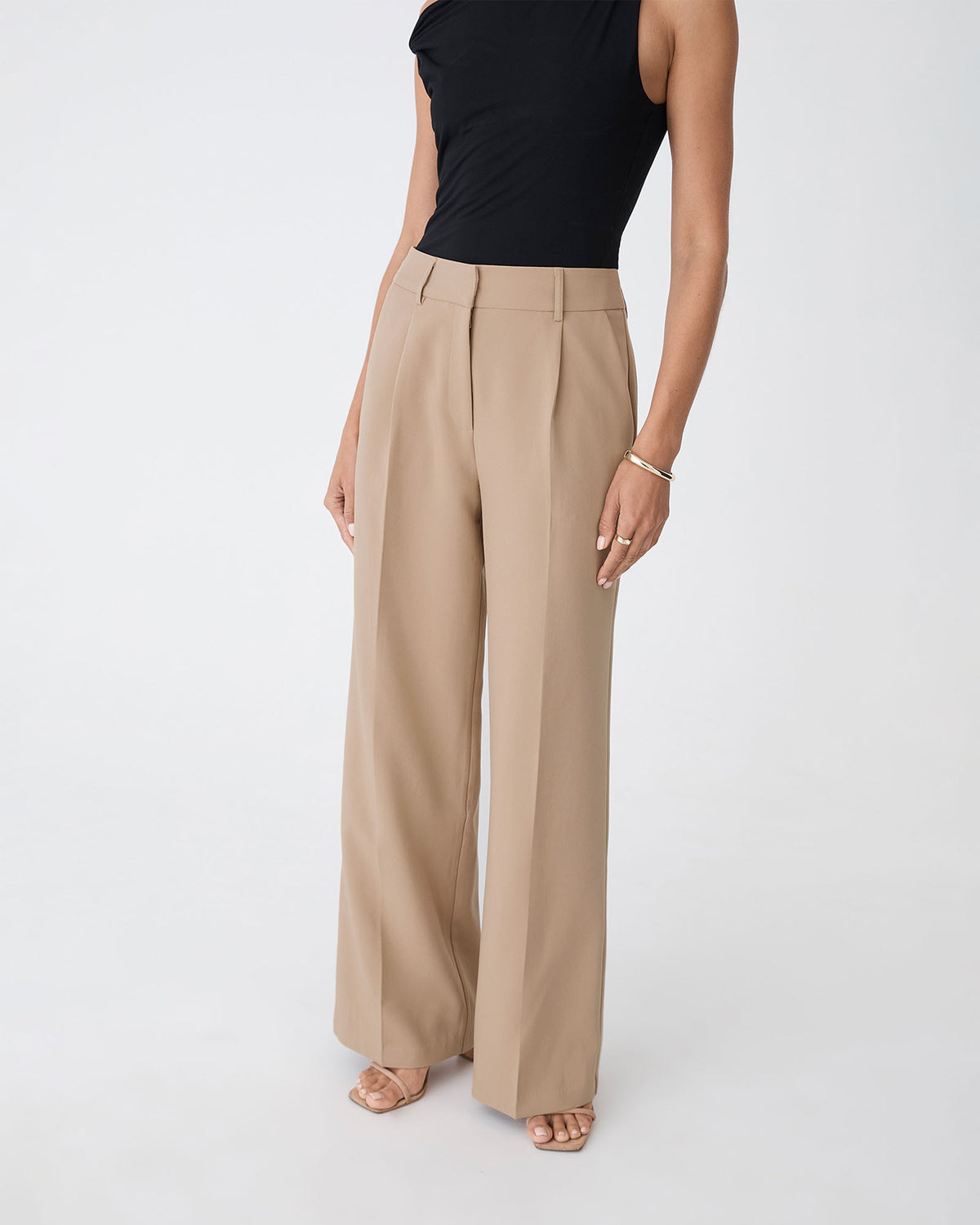 Nikki Tailored Pants in warm taupe — close-up view