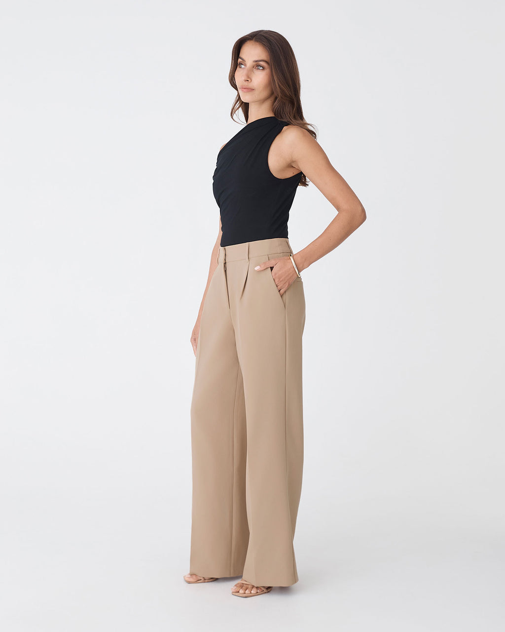 Nikki Tailored Pants in warm taupe — side view