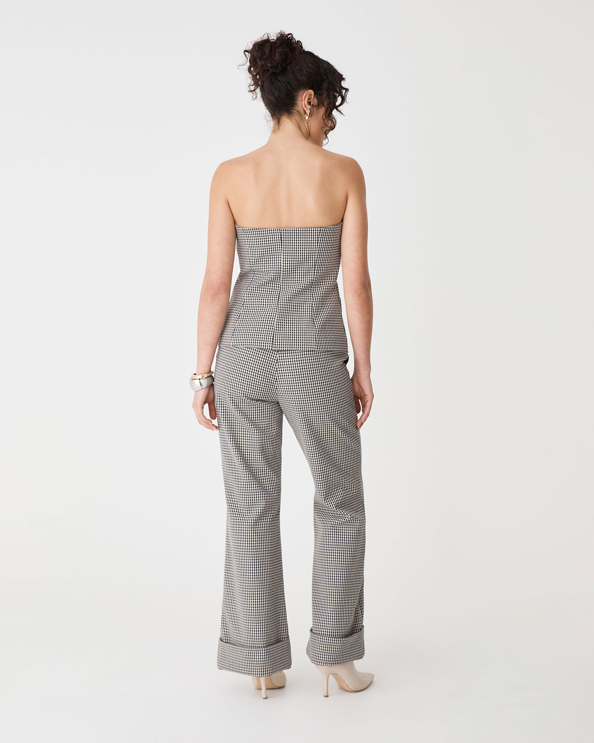 Flynn Wide Leg Cuff Pants in beige check — back view