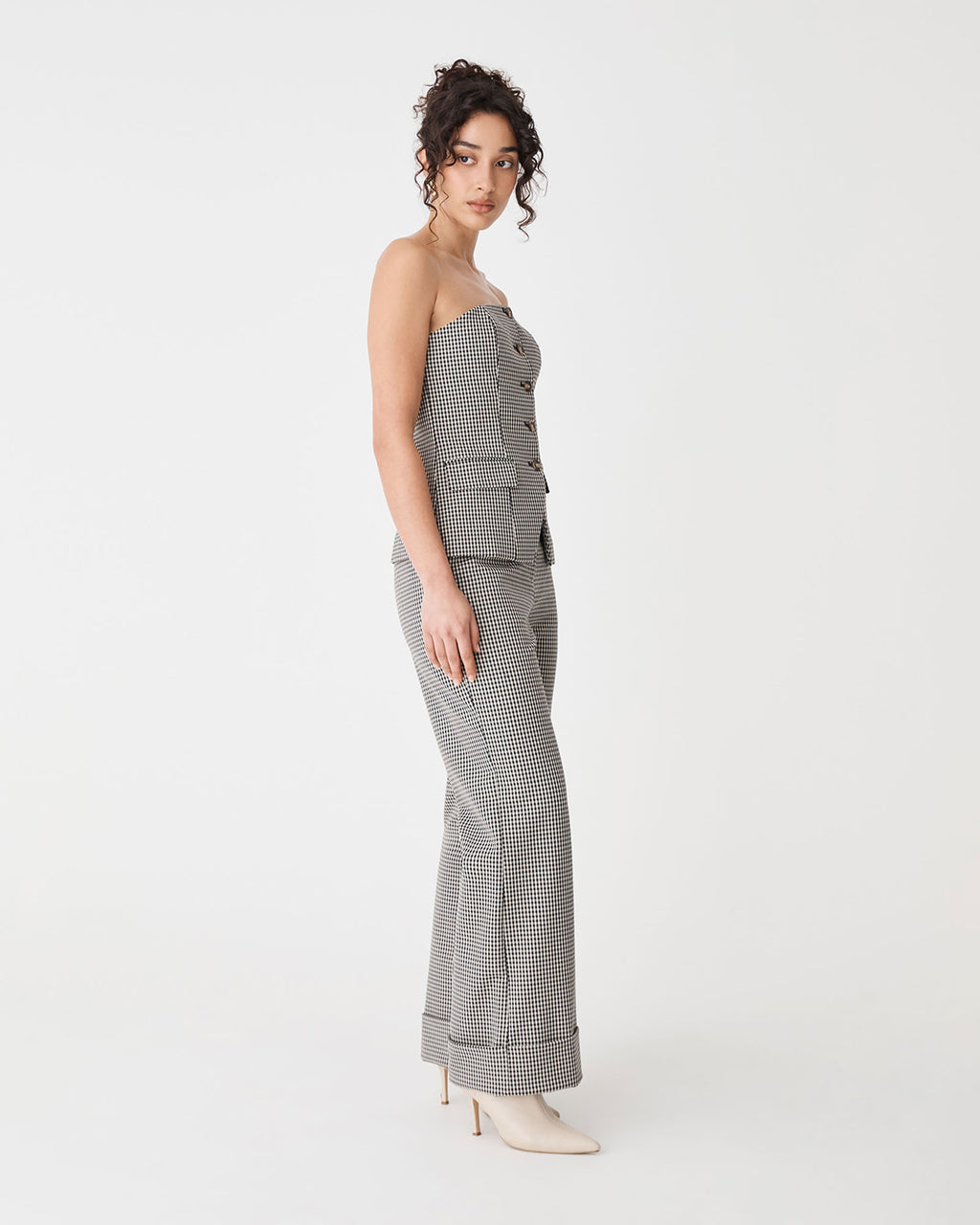 Flynn Wide Leg Cuff Pants in beige check — side view