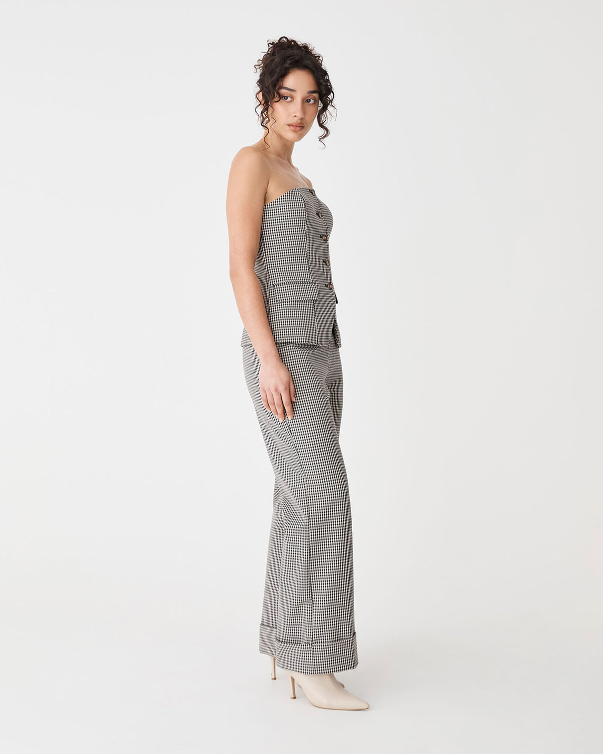 Flynn Wide Leg Cuff Pants in beige check — side view
