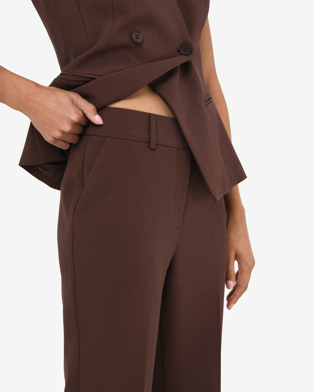 Nikki Flared Leg Pants in brown — fabric detail