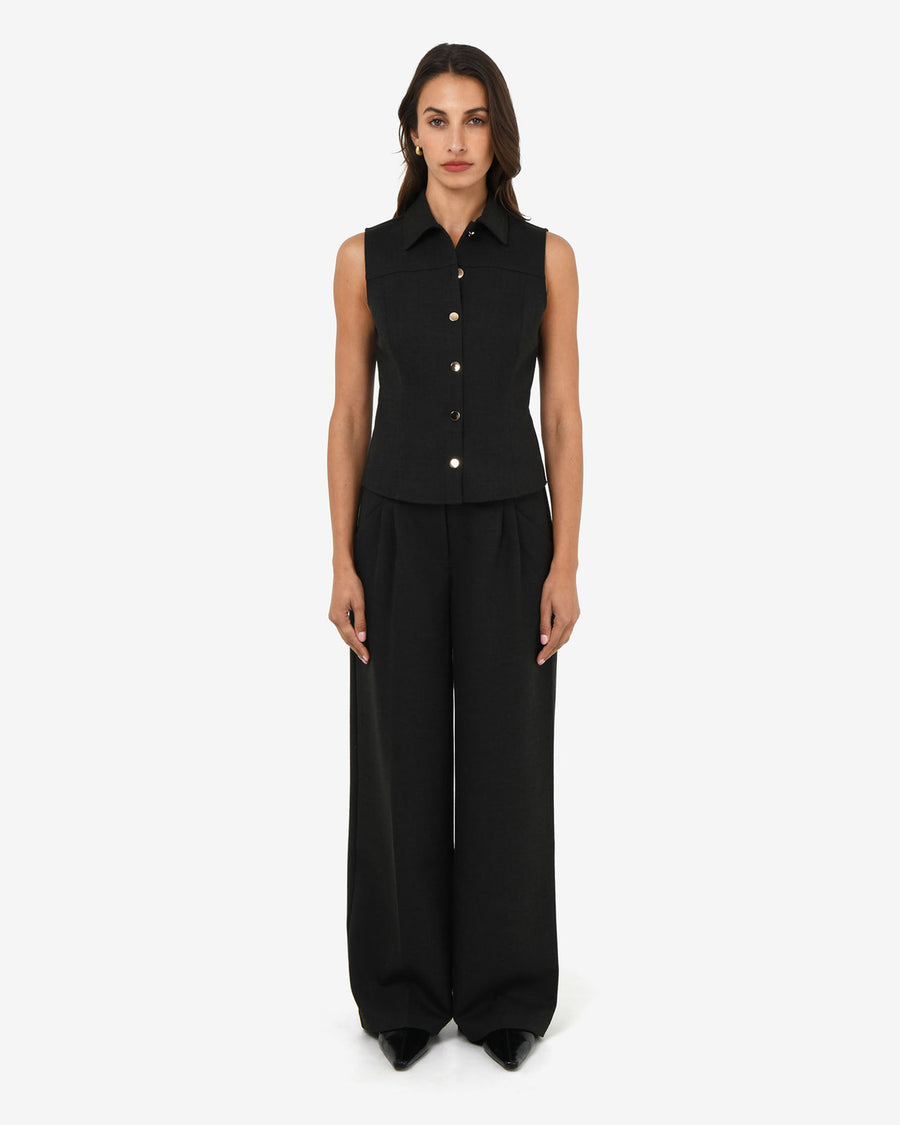 Dolly Pleated Wide Leg Pants in black — full-length view
