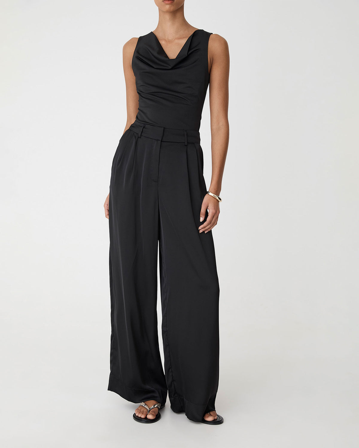 Valeria Wide Leg Satin Pants in black — full-length view 2