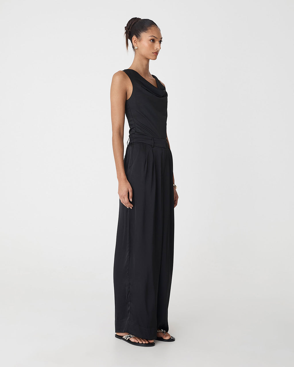 Valeria Wide Leg Satin Pants in black — side view