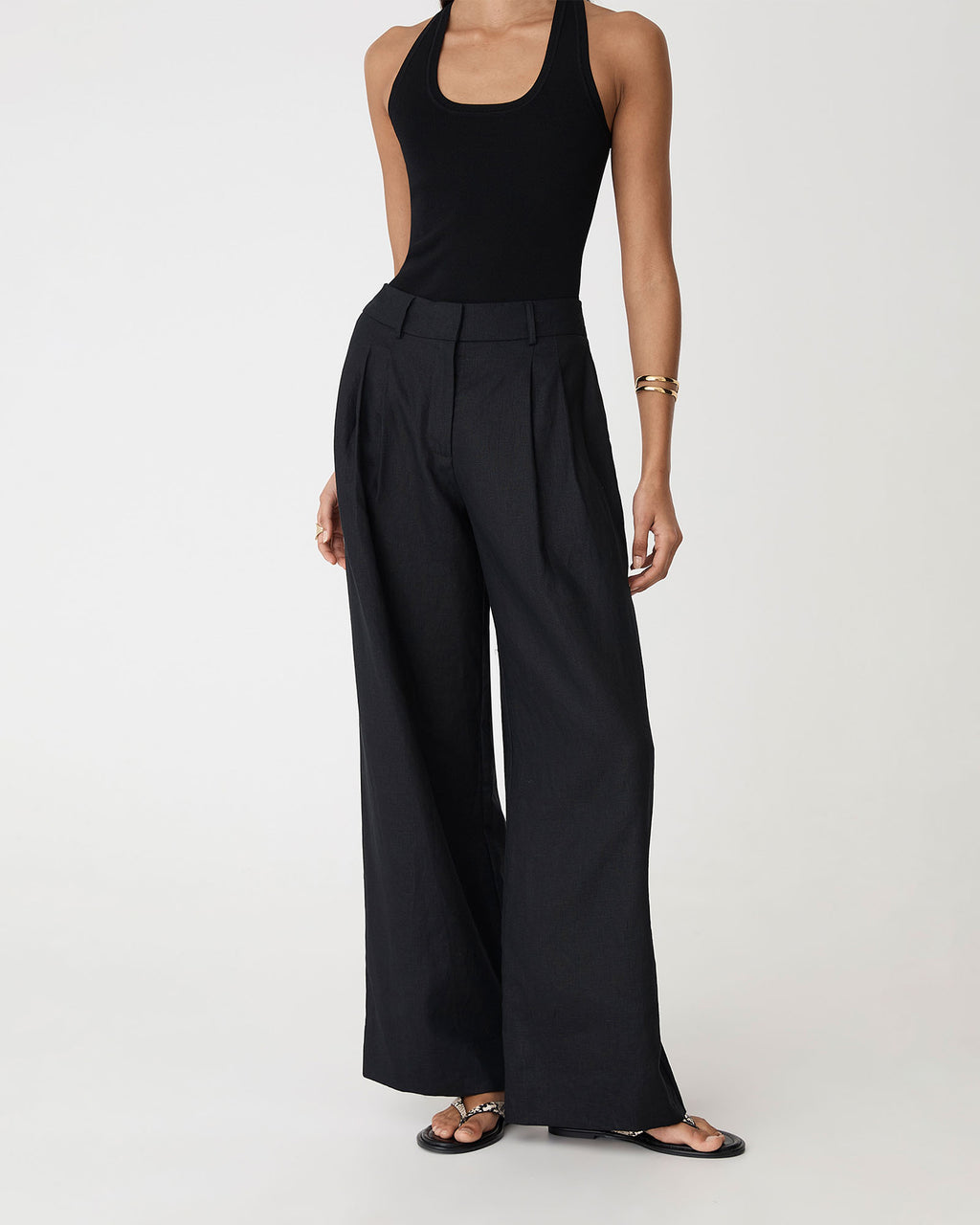Ami Wide Leg Linen Pants in black — close-up view