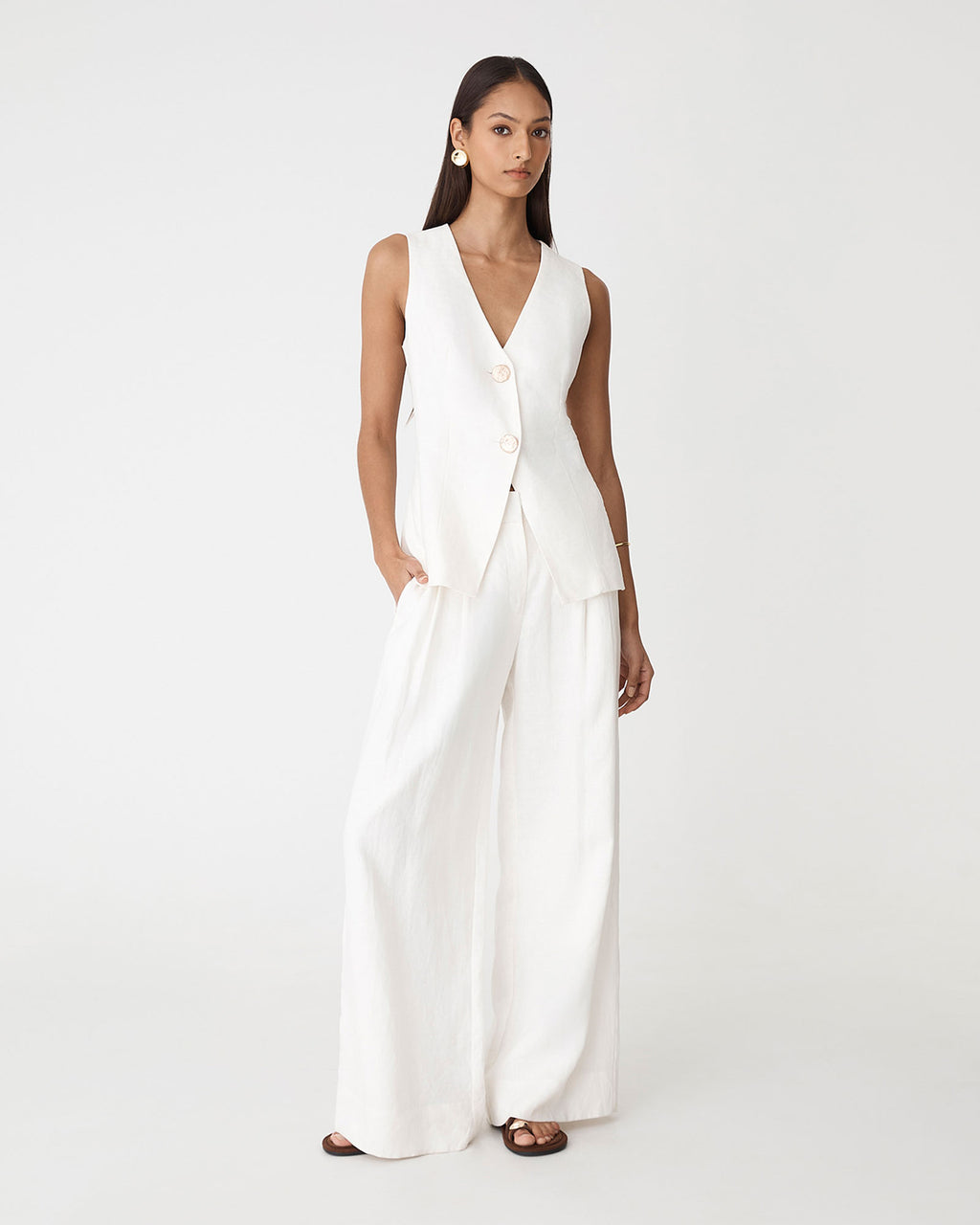 Ami Wide Leg Linen Pants in white — full-length view 2