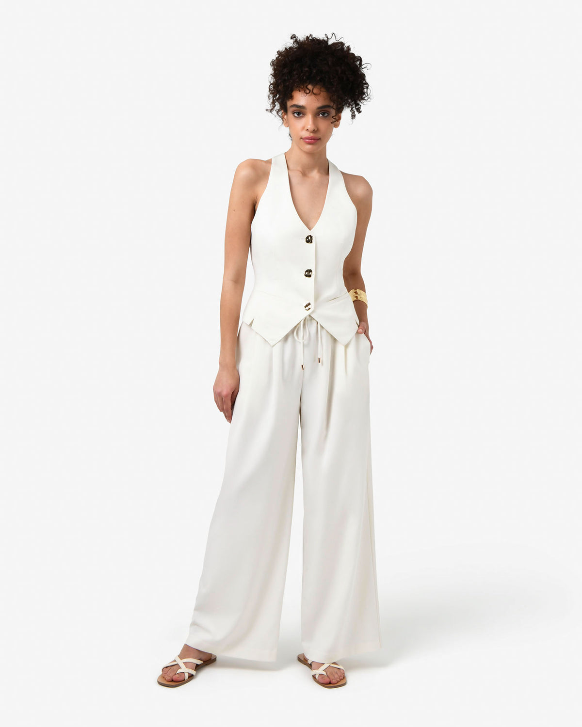 Amera Elastic Waist Pants in tofu — full-length view 3
