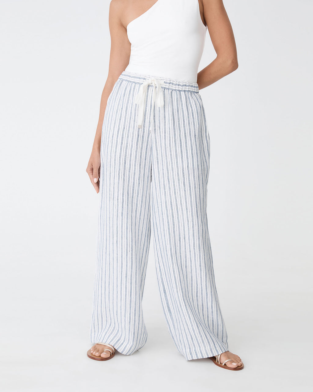Milos Wide Leg Linen Pants in blue stripe — close-up view 2