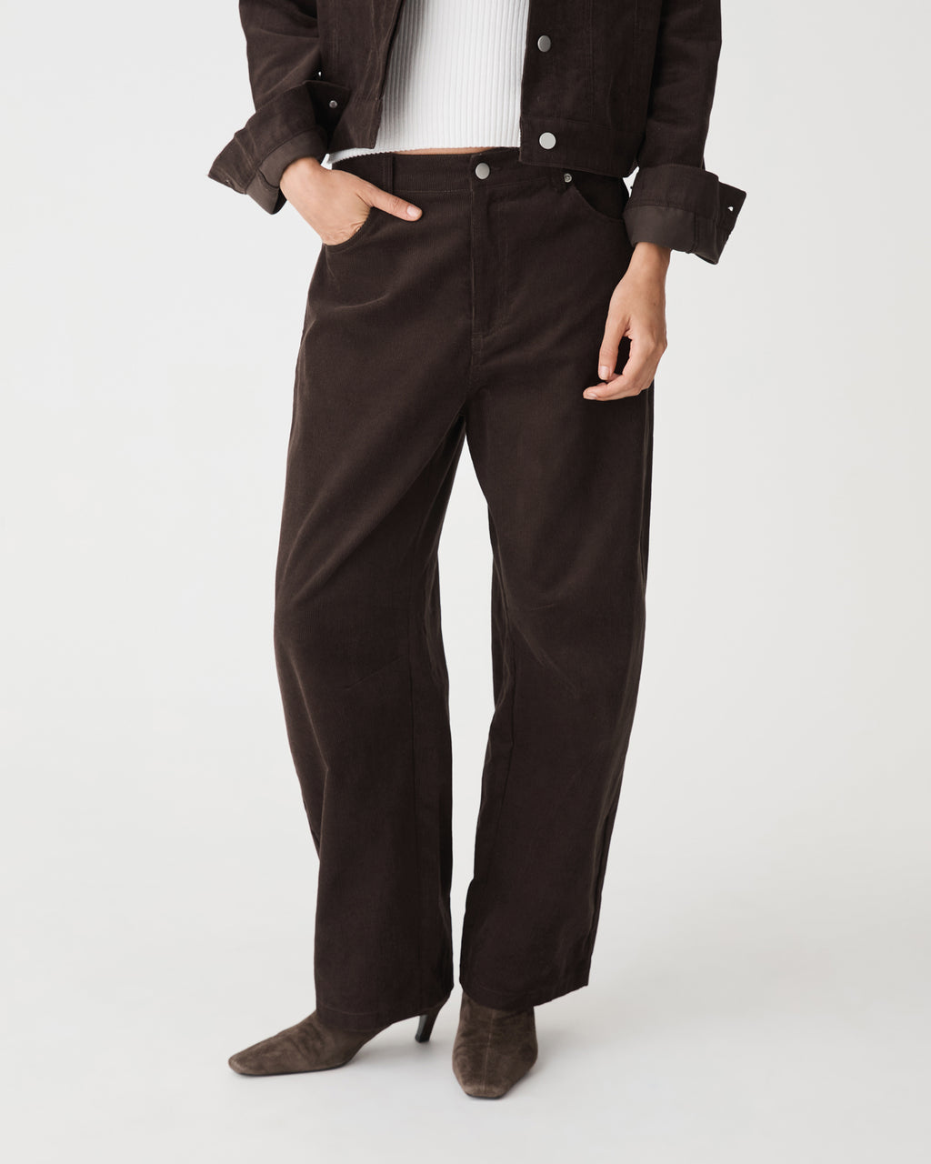 Nya Corduroy Barrel Leg Pants in chocolate — close-up view