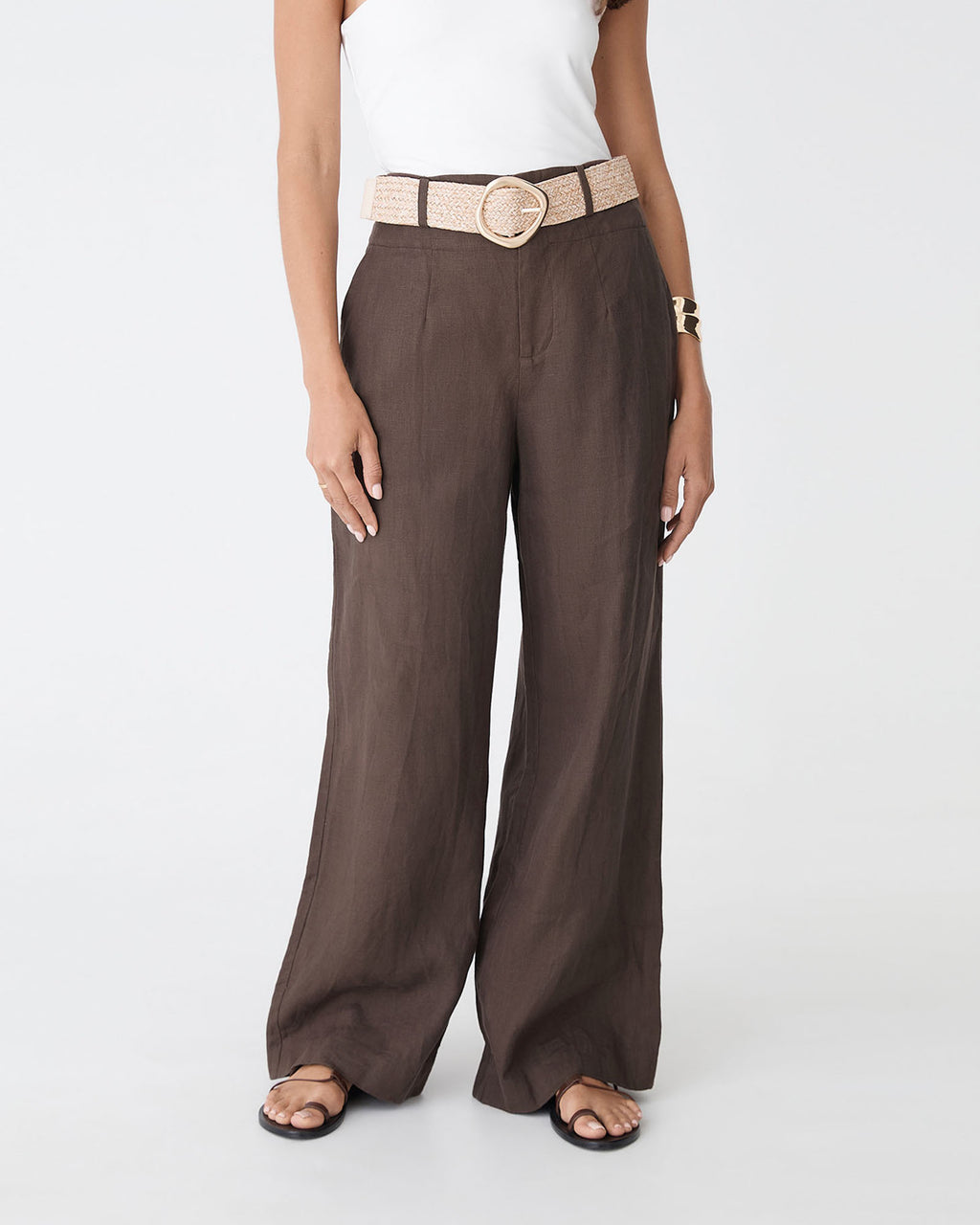 Ivy Linen Wide Leg Pants in chocolate — close-up view