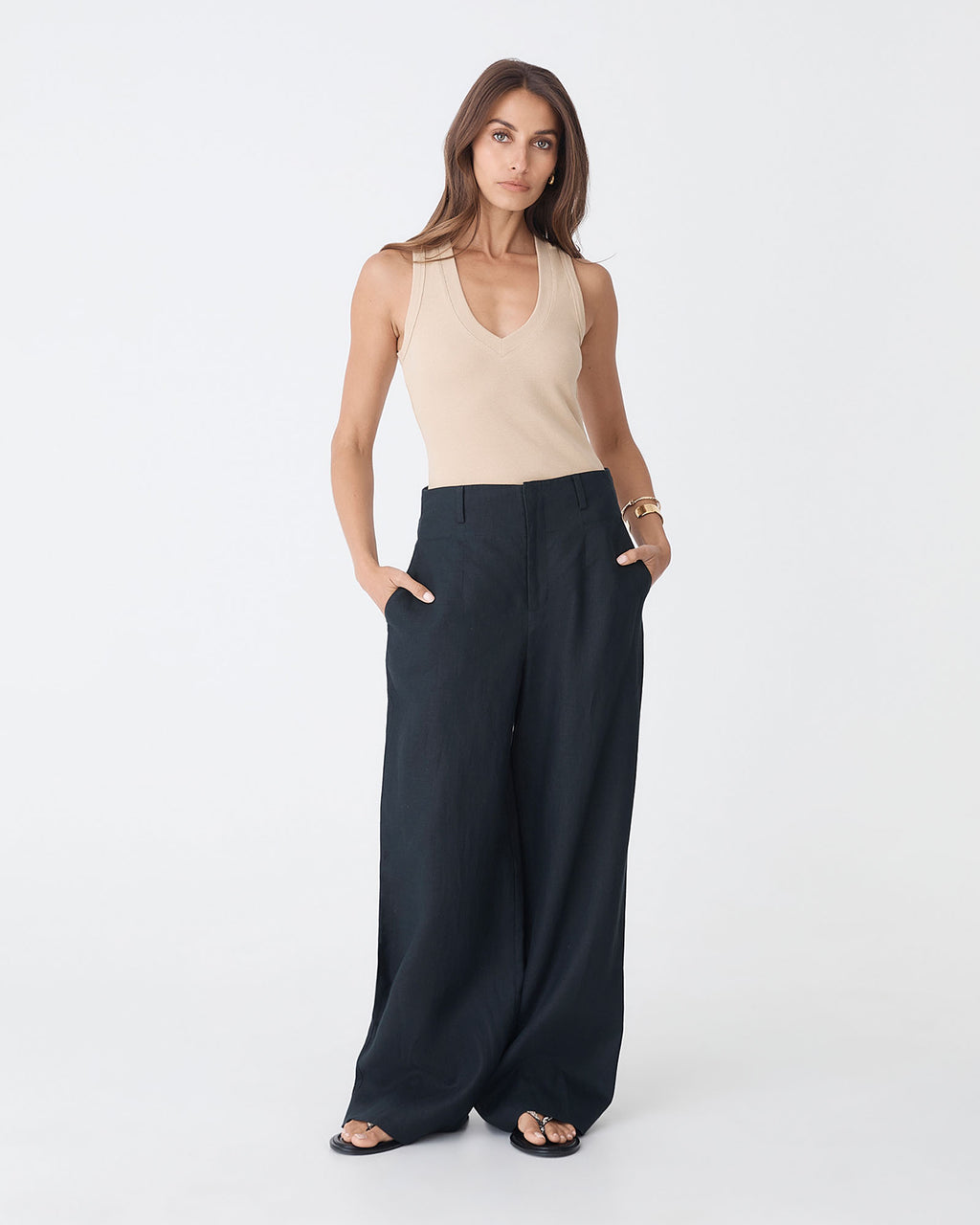 Ivy Linen Wide Leg Pants in washed black — full-length view 2