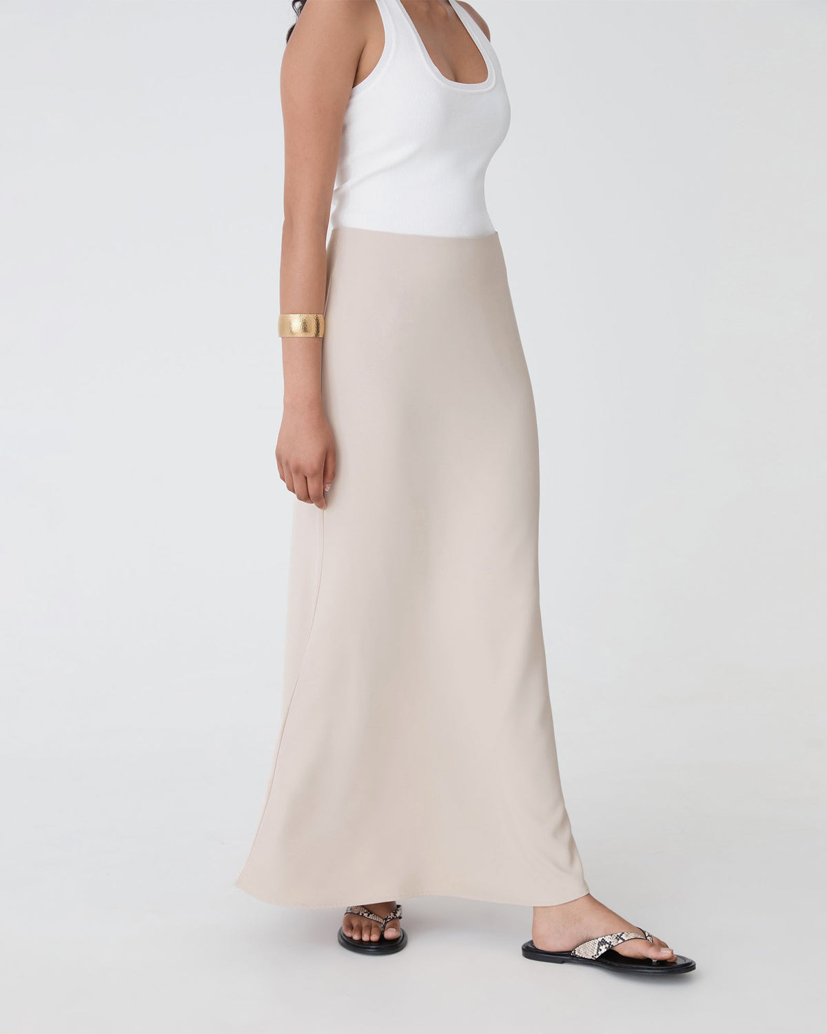 Caris Flared Maxi Skirt in greige — side view