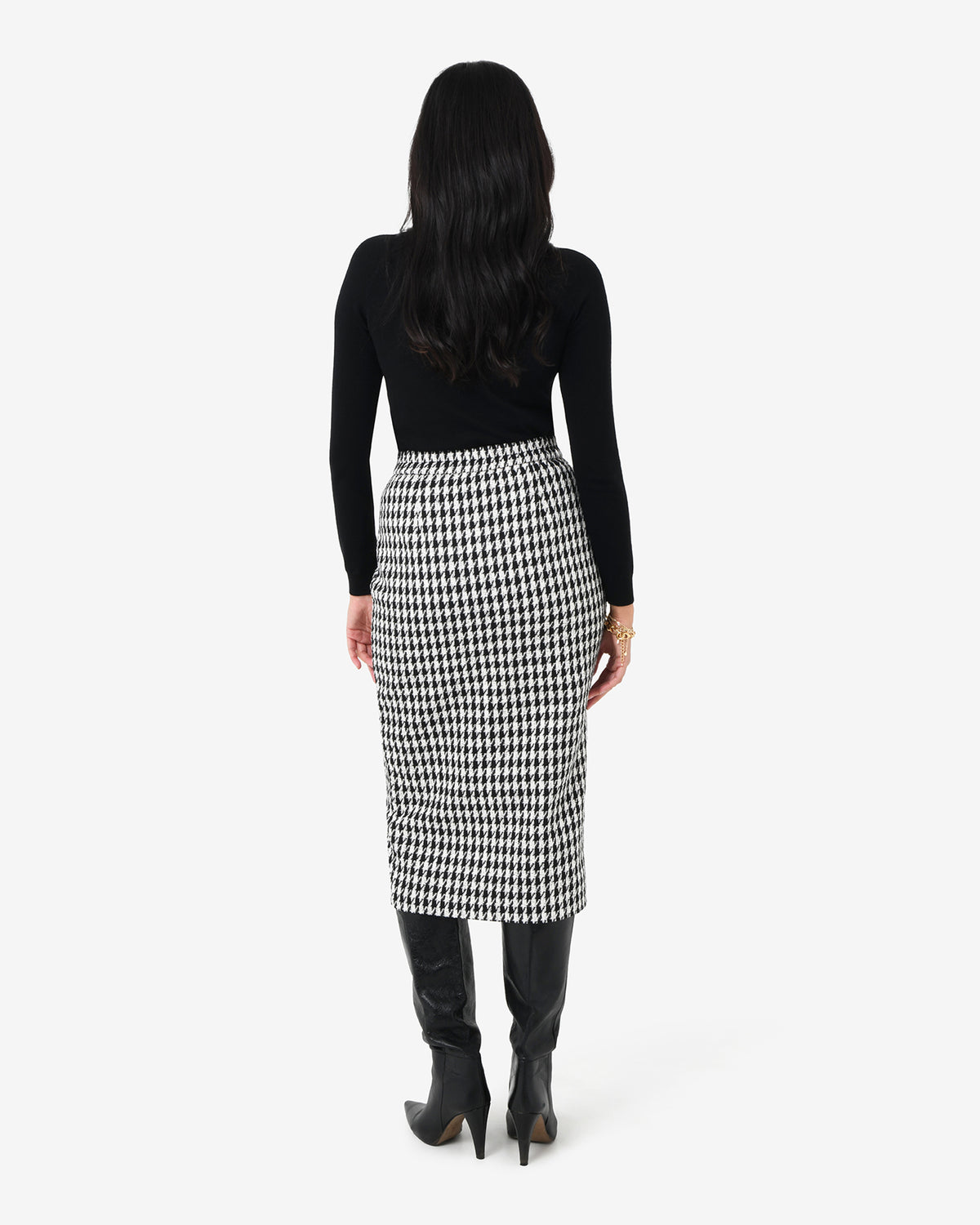 Bennet Houndstooth Midi Skirt in black ivory — back view