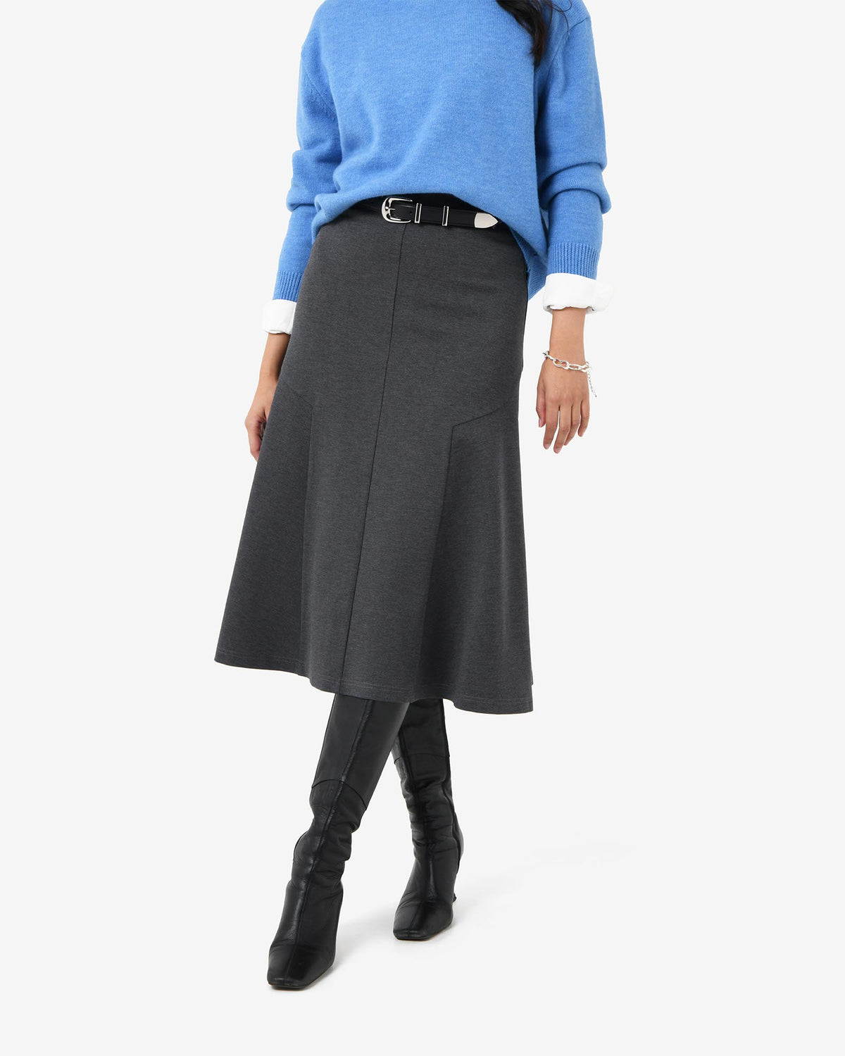 Adele Side Panel Midi Skirt in charcoal — close-up view