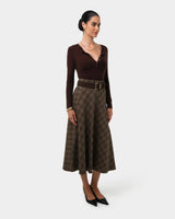 Candice Bias Check Skirt in brown checks — full-length view