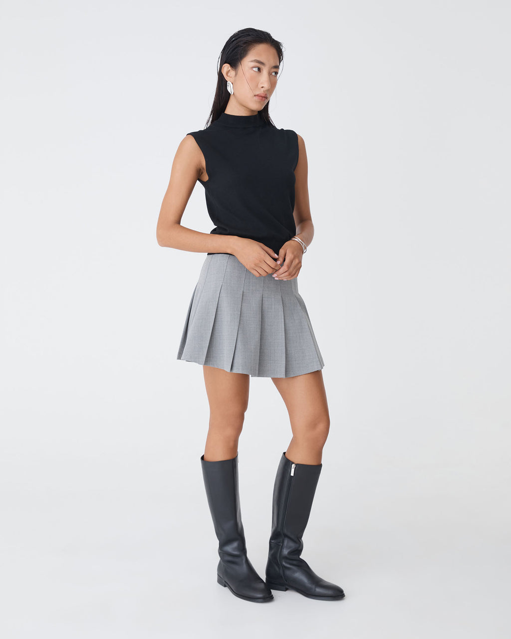 Kris Pleated Mini Skirt in grey check — side view