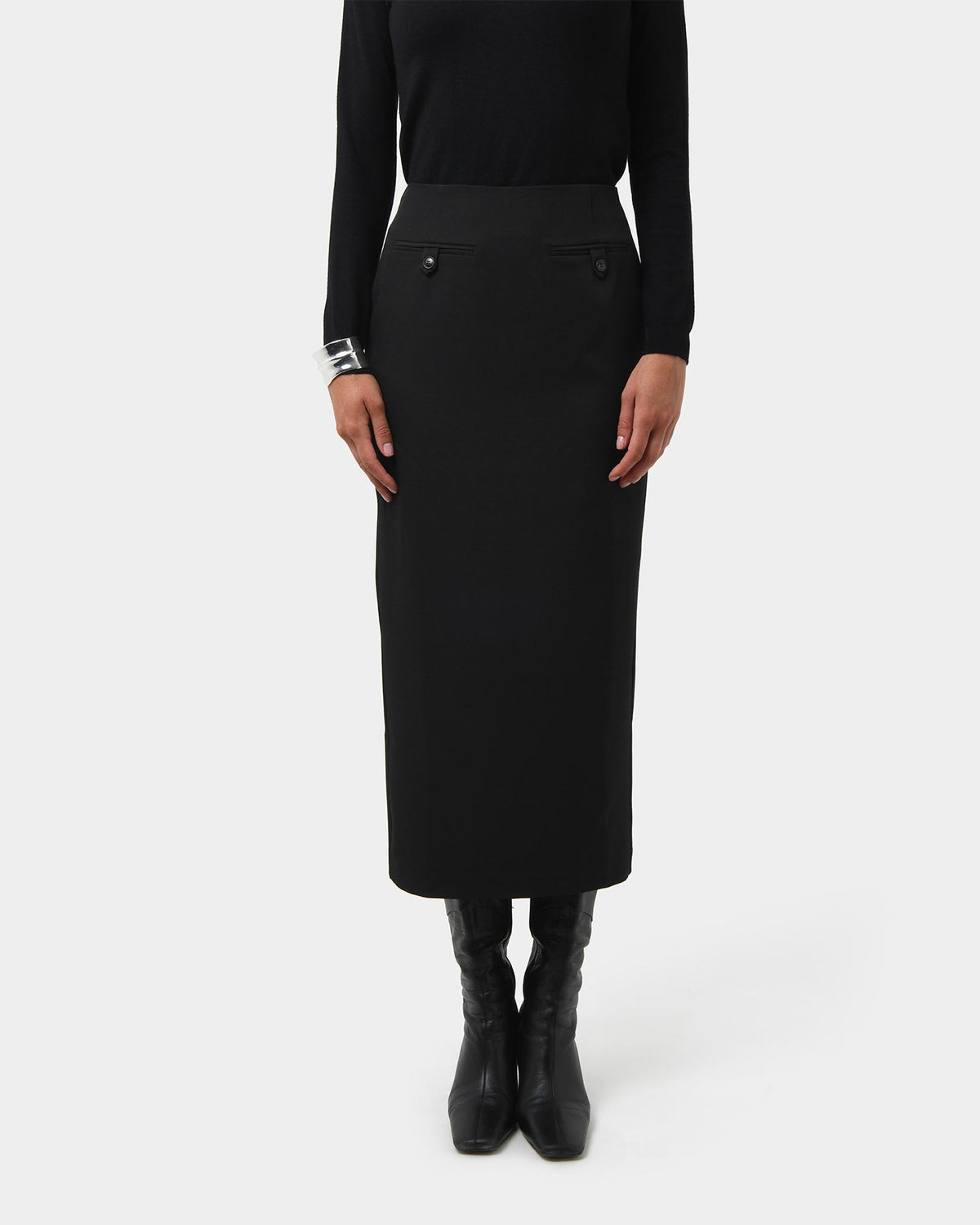 Milla Column Midi Skirt in black — close-up view