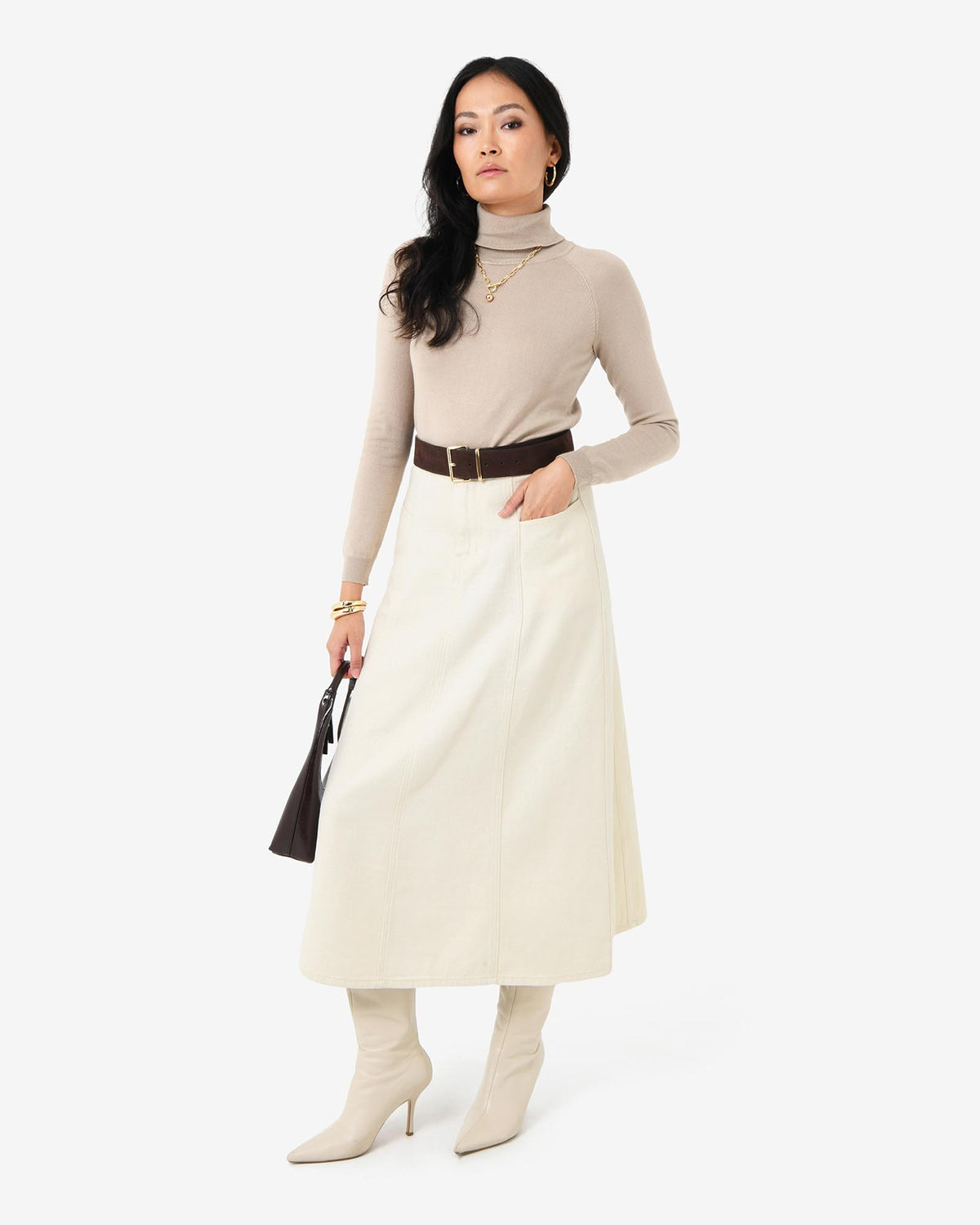 Sam Panel Denim Skirt in ecru — full-length view