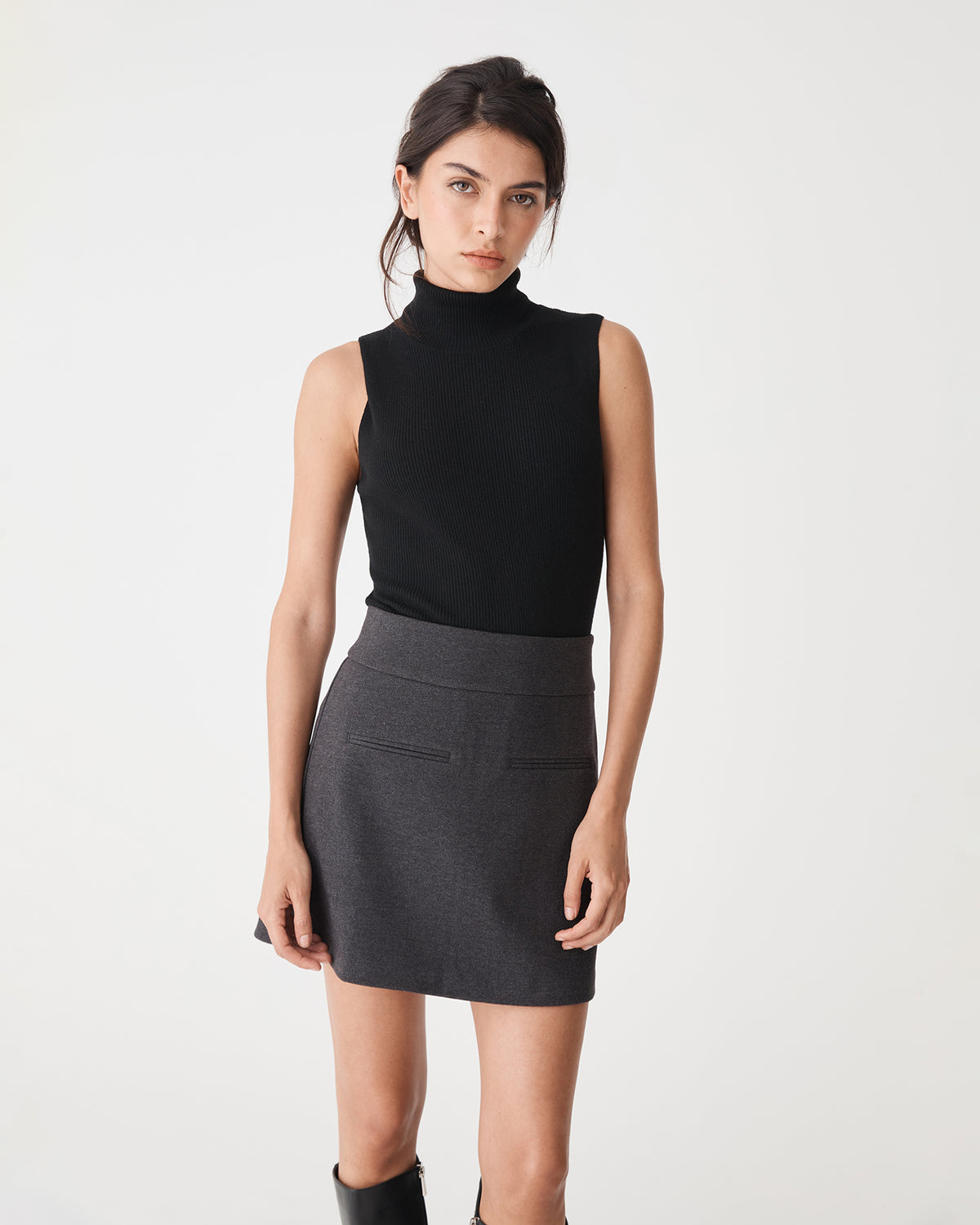 Lara A-Line Mini Skirt in charcoal — close-up view