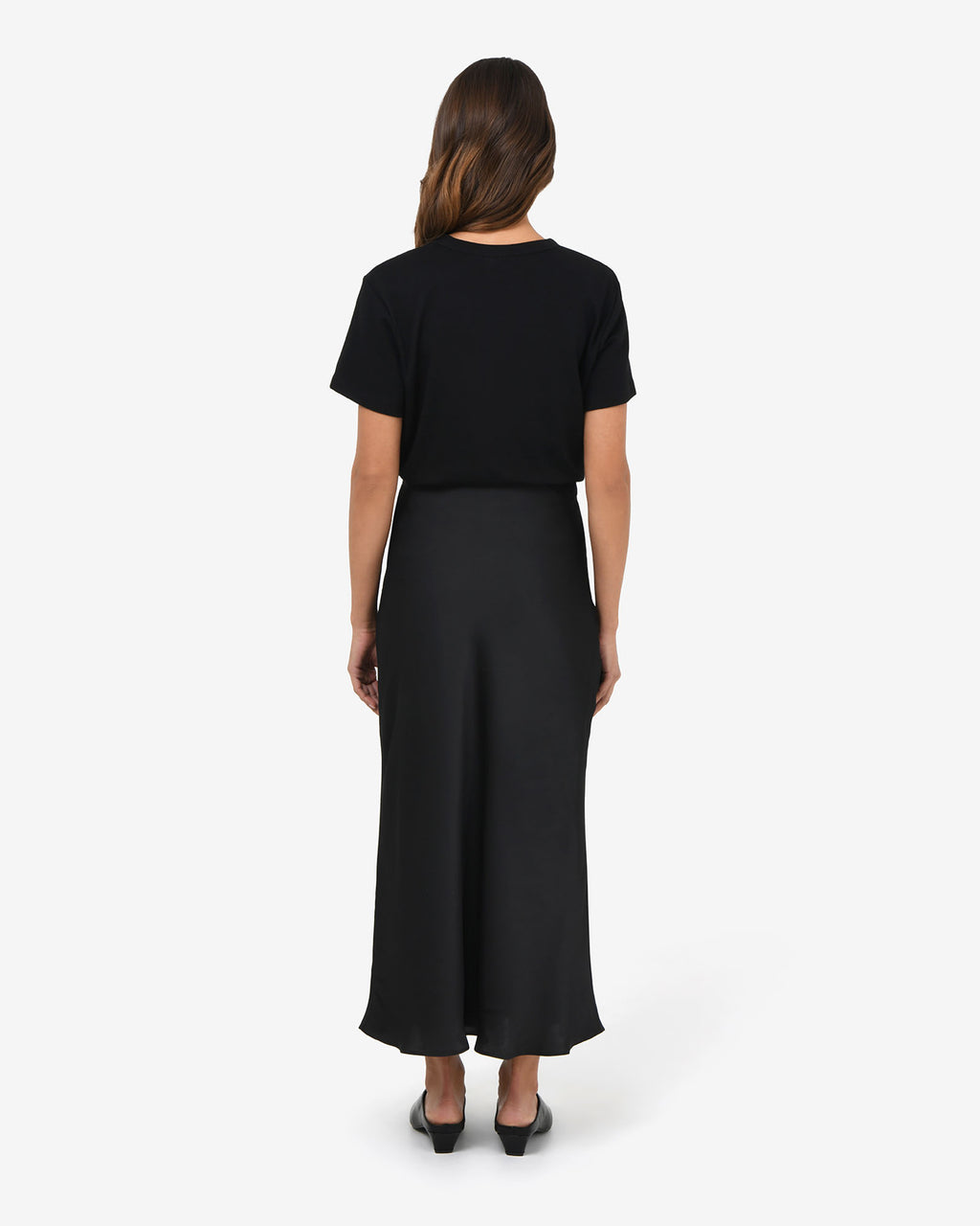 Valeria A-line Satin Skirt in black — back view