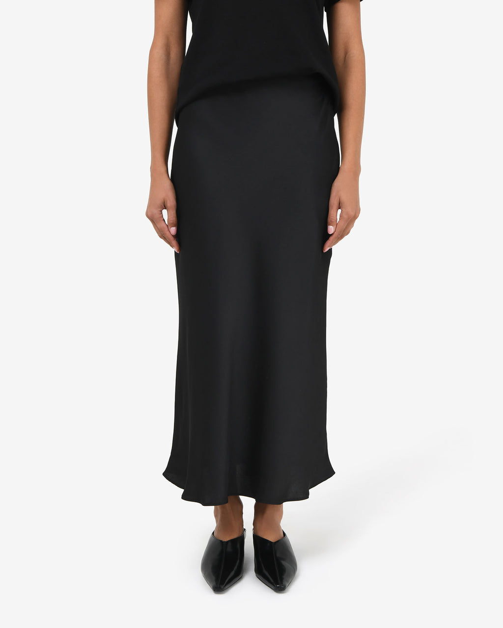 Valeria A-line Satin Skirt in black — close-up view