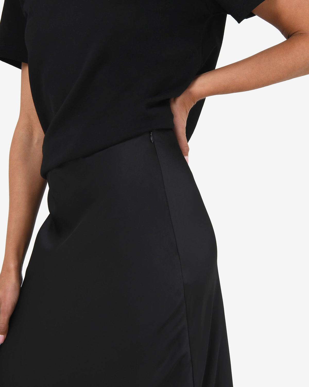 Valeria A-line Satin Skirt in black — fabric detail