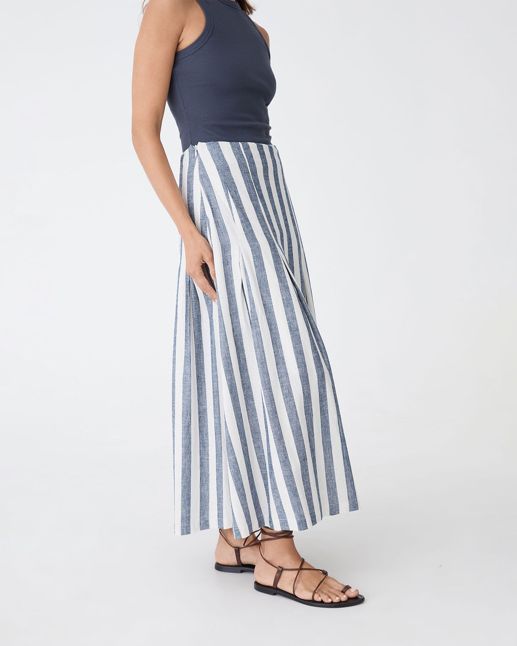 Ikaria Linen Blend Midi Skirt in blue stripe — side view