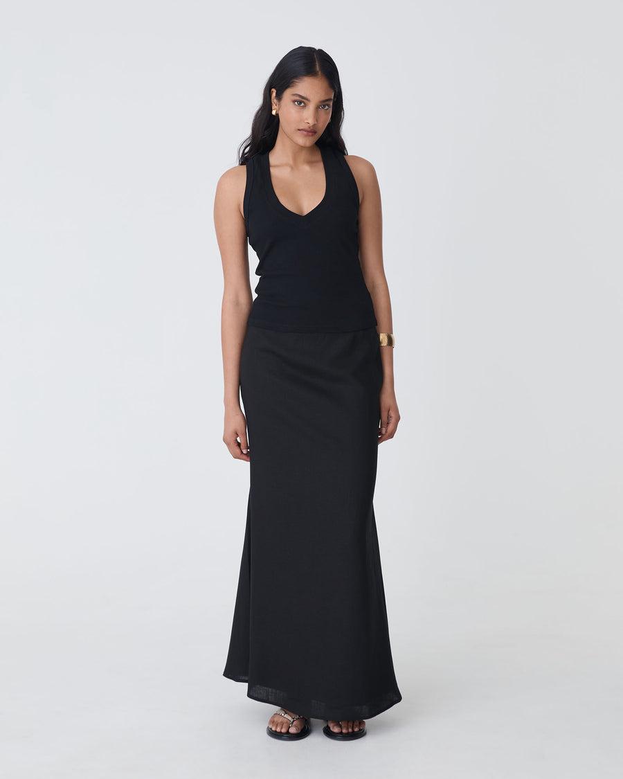 Amelia Linen Blend Maxi Skirt in black — full-length view
