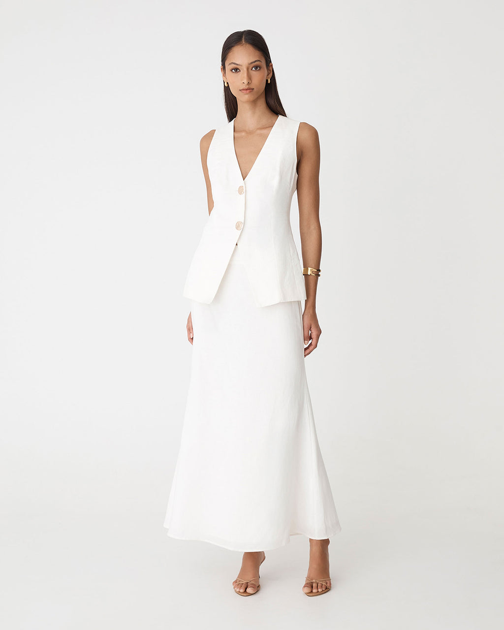 Amelia Linen Blend Maxi Skirt in ivory — full-length view