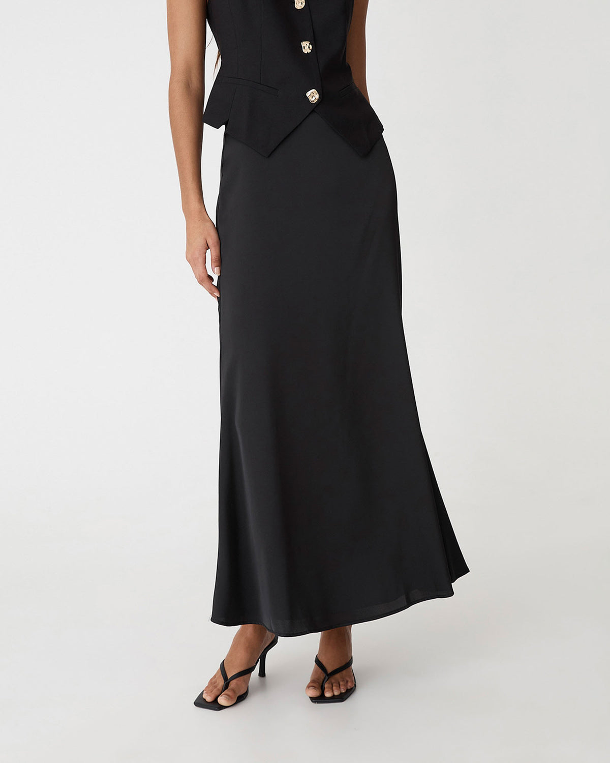 Leigh Satin Maxi Skirt in black — close-up view