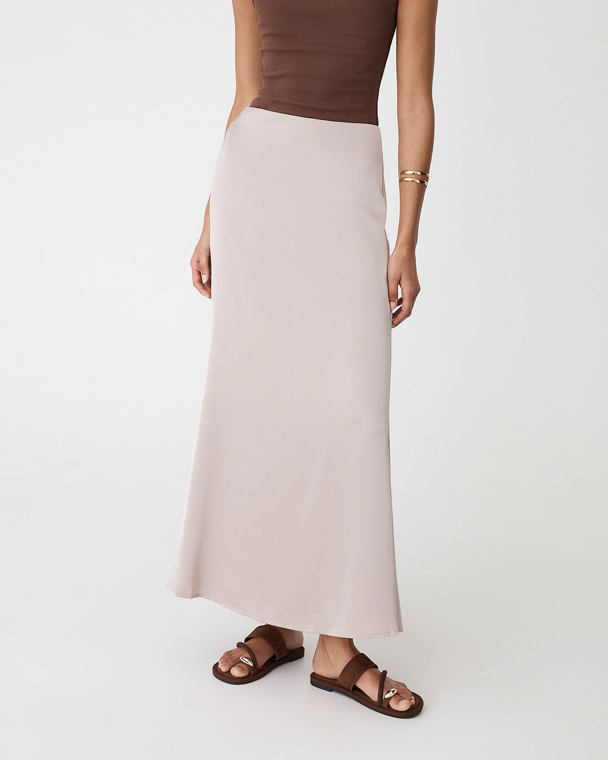 Leigh Satin Maxi Skirt in light taupe — close-up view