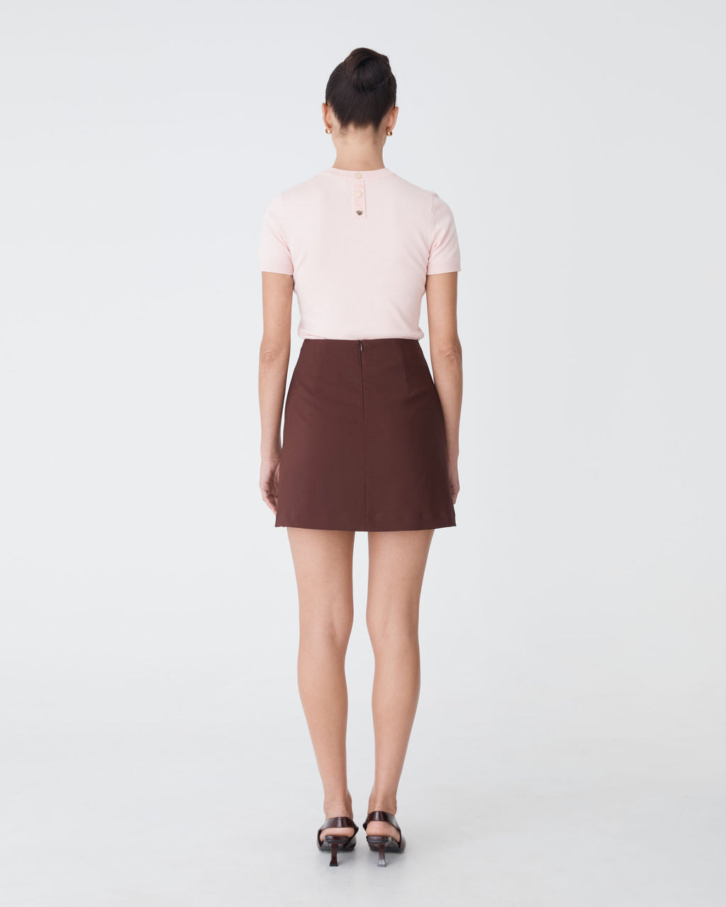 Kinsley Tailored Mini Skirt in coffee — back view