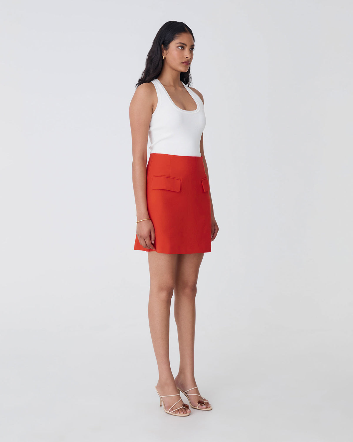 Kinsley Tailored Mini Skirt in vermilion — side view