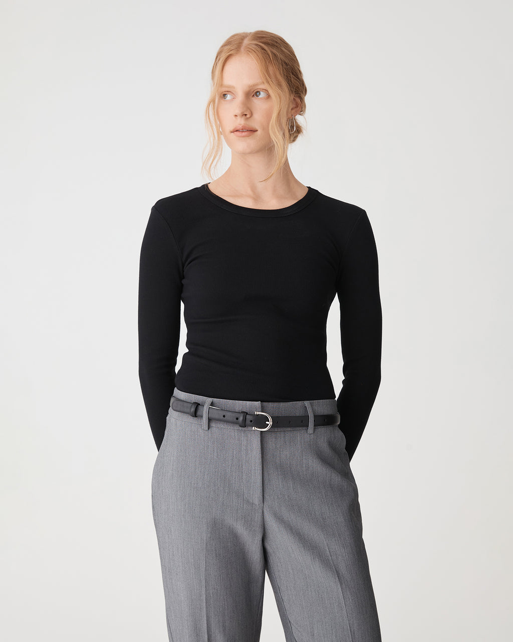 Devon Long Sleeve Rib Tee in black — close-up view