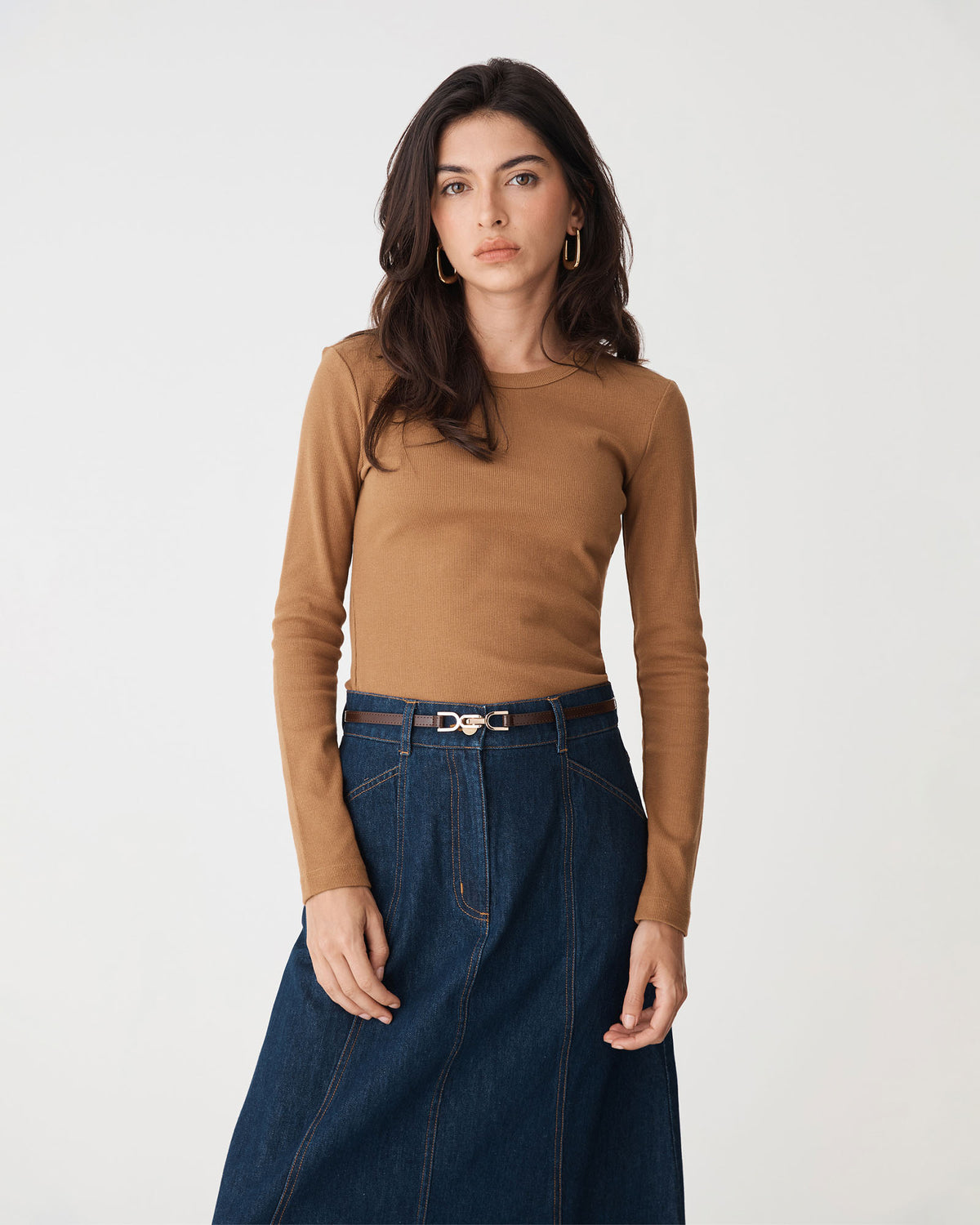 Devon Long Sleeve Rib Tee in ochre — close-up view