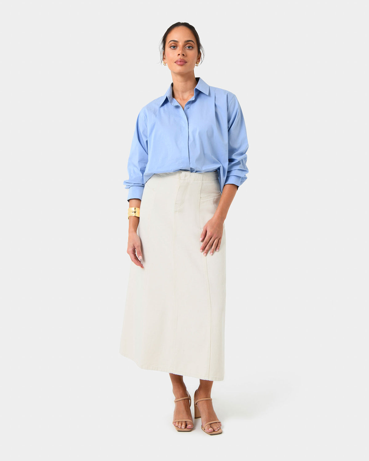 Baire Pleated Crop Shirt in blue — full-length view