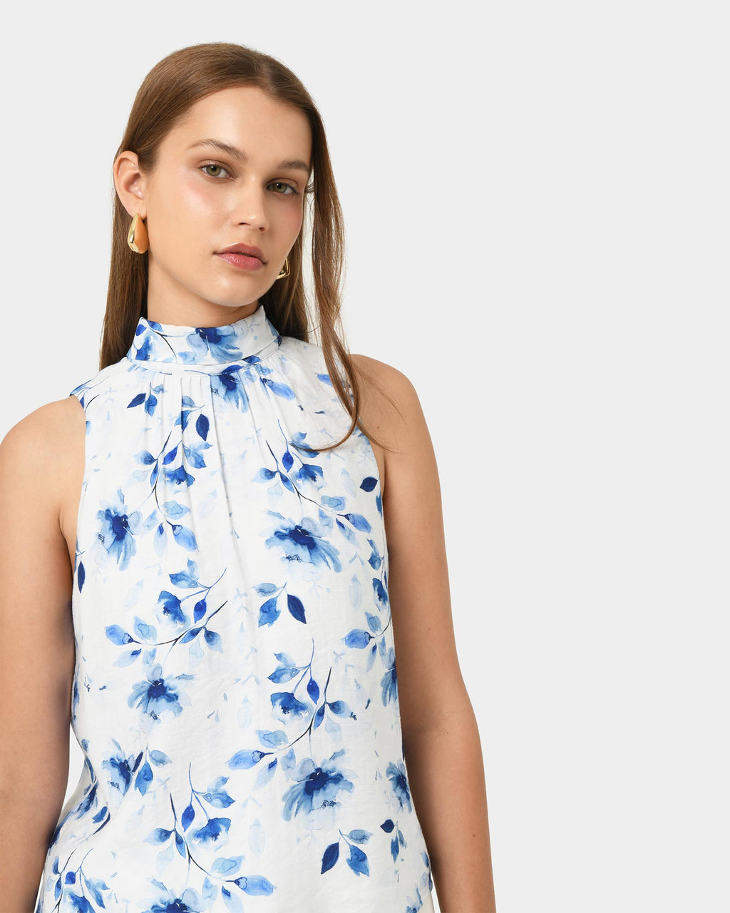 Tessie Halter Tie Top in watercolour — close-up view