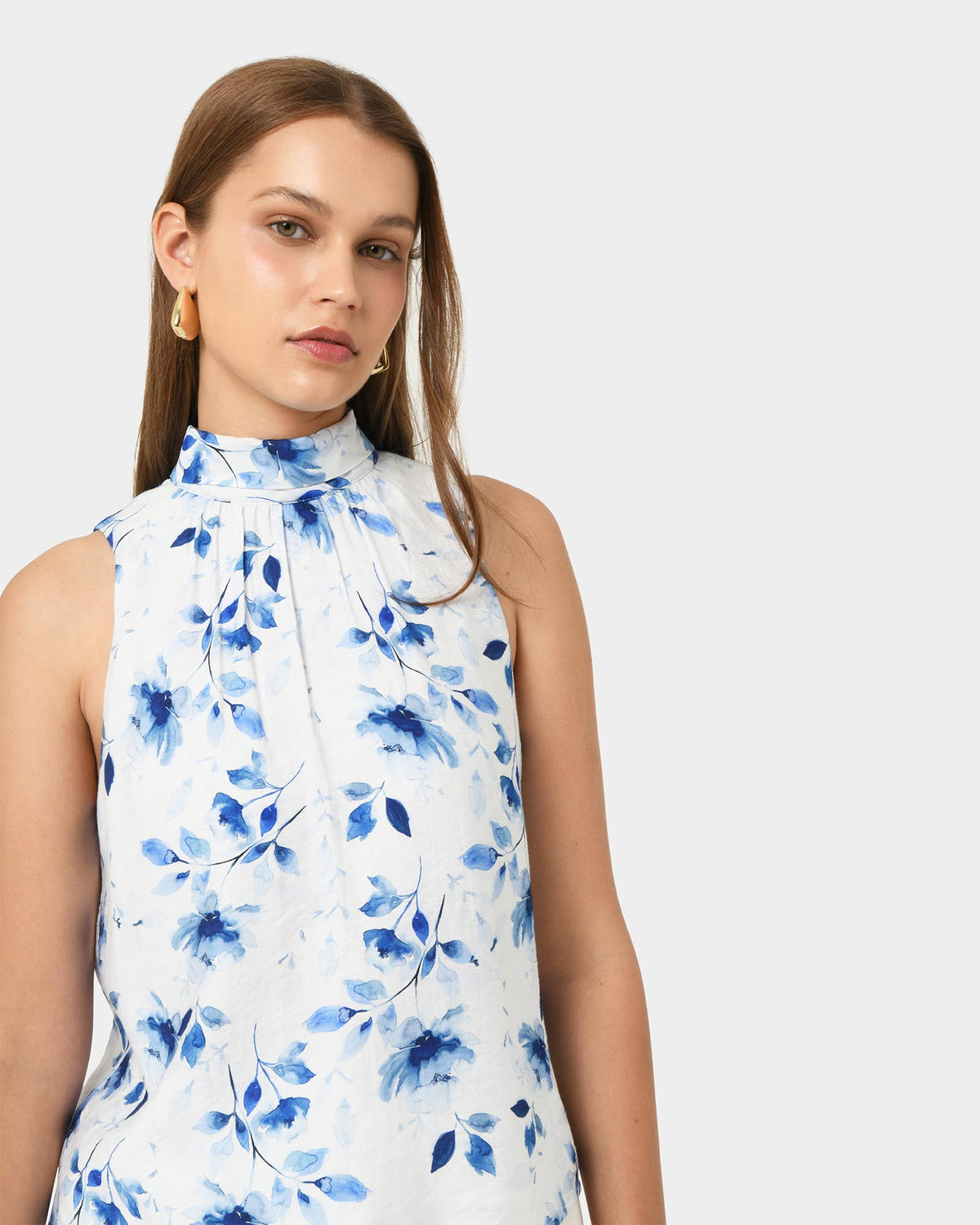 Tessie Halter Tie Top in watercolour — close-up view