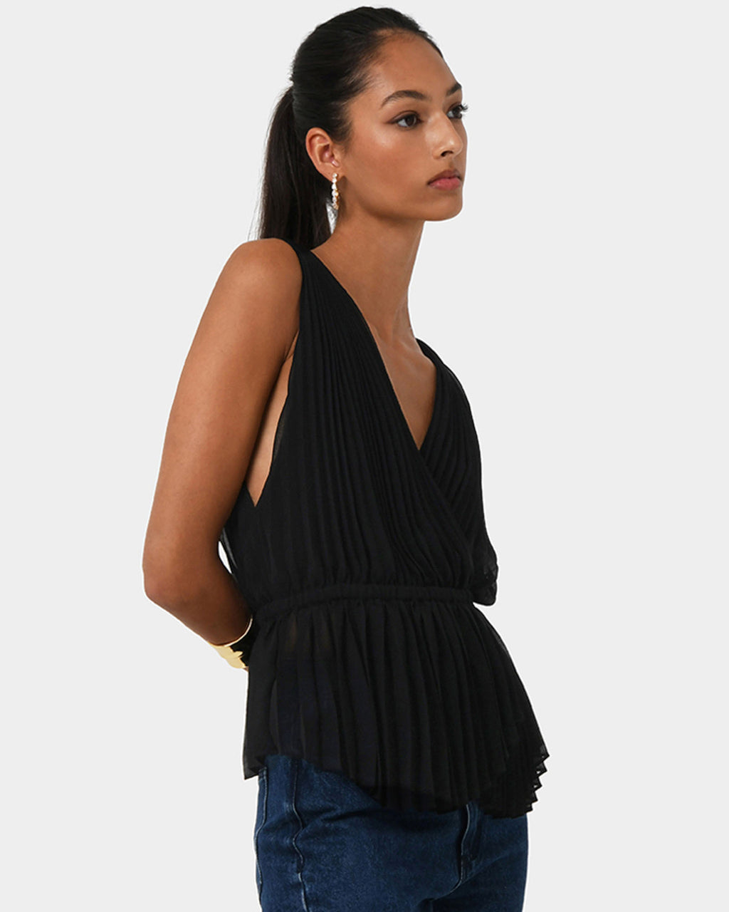 Arina Pleated Top in black — side view